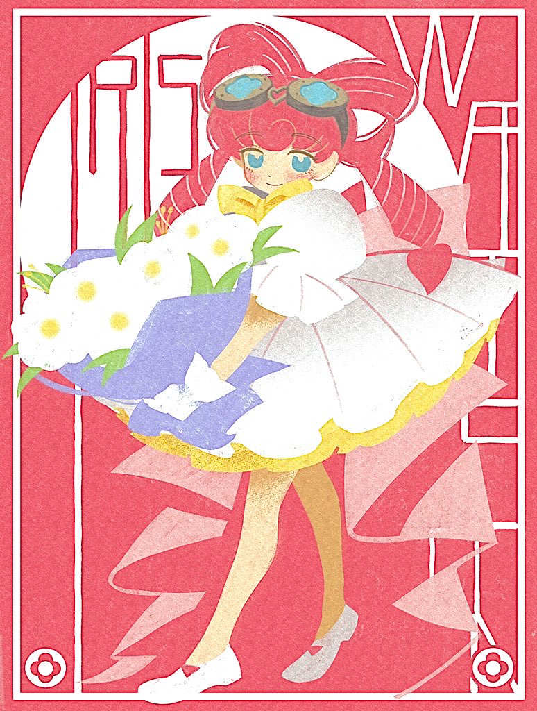 ace_attorney, bangs, blue_eyes, bouquet, bow, closed_mouth, dress, drill_hair, flower, gloves, goggles, goggles_on_head, hair_rings, holding, holding_bouquet, iris_wilson, looking_at_viewer, pink_hair, puffy_short_sleeves, puffy_sleeves, shino_bunnys, short_sleeves, smile, the_great_ace_attorney, white_dress, white_gloves, yellow_bow