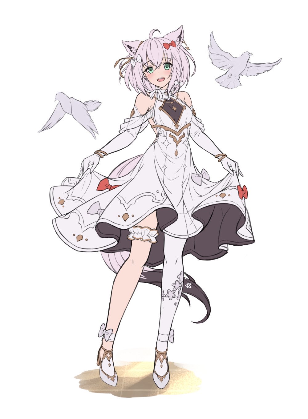 1girl, ahoge, animal_ear_fluff, animal_ears, bangs, bare_shoulders, bird, blush, bow, braid, bridal_garter, clothes_lift, commentary_request, dove, dress, dress_lift, earrings, elbow_gloves, fox_ears, fox_girl, fox_tail, gloves, green_eyes, hair_between_eyes, hair_bow, hair_ribbon, halter_dress, halterneck, high_heels, highres, hololive, jewelry, looking_at_viewer, necklace, open_mouth, pentagram, ribbon, shirakami_fubuki, short_hair, sidelocks, simple_background, single_braid, single_thighhigh, sleeveless, sleeveless_dress, solo, tail, tazaki_hayato, thigh-highs, thigh_strap, virtual_youtuber, white_background, white_dove, white_dress, white_gloves, white_hair, white_thighhighs