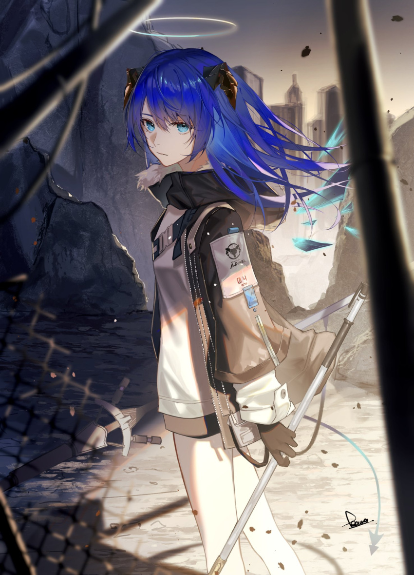 1girl, arknights, black_gloves, black_shorts, blue_eyes, blue_hair, broken_fence, closed_mouth