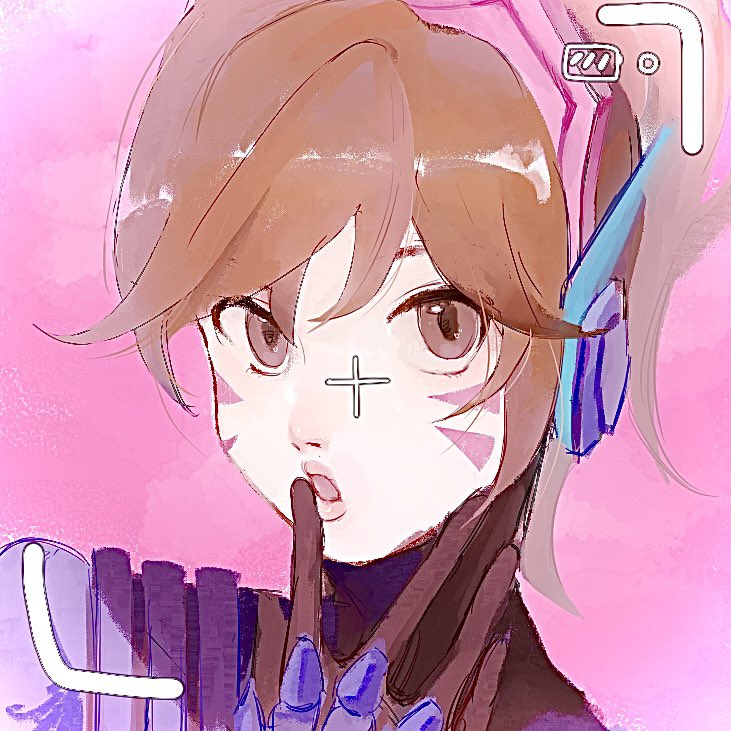 1girl, animification, bangs, battery_indicator, black_gloves, brown_eyes, brown_hair, d.va_(overwatch), facial_mark, gloves, headset, looking_at_viewer, open_mouth, overwatch, overwatch_2, pilot_suit, portrait, si_yu_anle, solo, viewfinder, whisker_markings