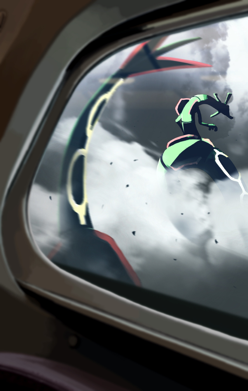 absurdres, airplane_interior, blurry, clouds, commentary_request, dragon, eastern_dragon, from_behind, highres, horns, no_humans, pokemon, pokemon_(creature), rayquaza, solo, suchi_(fsur7444), window