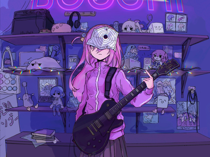 1girl, bag, bocchi_the_rock!, book, character_doll, christmas_lights, cube_hair_ornament, earphones, electric_guitar, expressionless, gibson_les_paul, gotou_hitori, grey_skirt, guitar, hair_cubes, hair_ornament, highres, holding, holding_instrument, ijichi_nijika, instrument, jacket, kita_ikuyo, long_hair, one_side_up, photo_(object), piggy_bank, pink_hair, pink_jacket, pleated_skirt, poster_(object), raychelsoo, roki_(vocaloid), shelf, skirt, solo, target, track_jacket, yamada_ryou