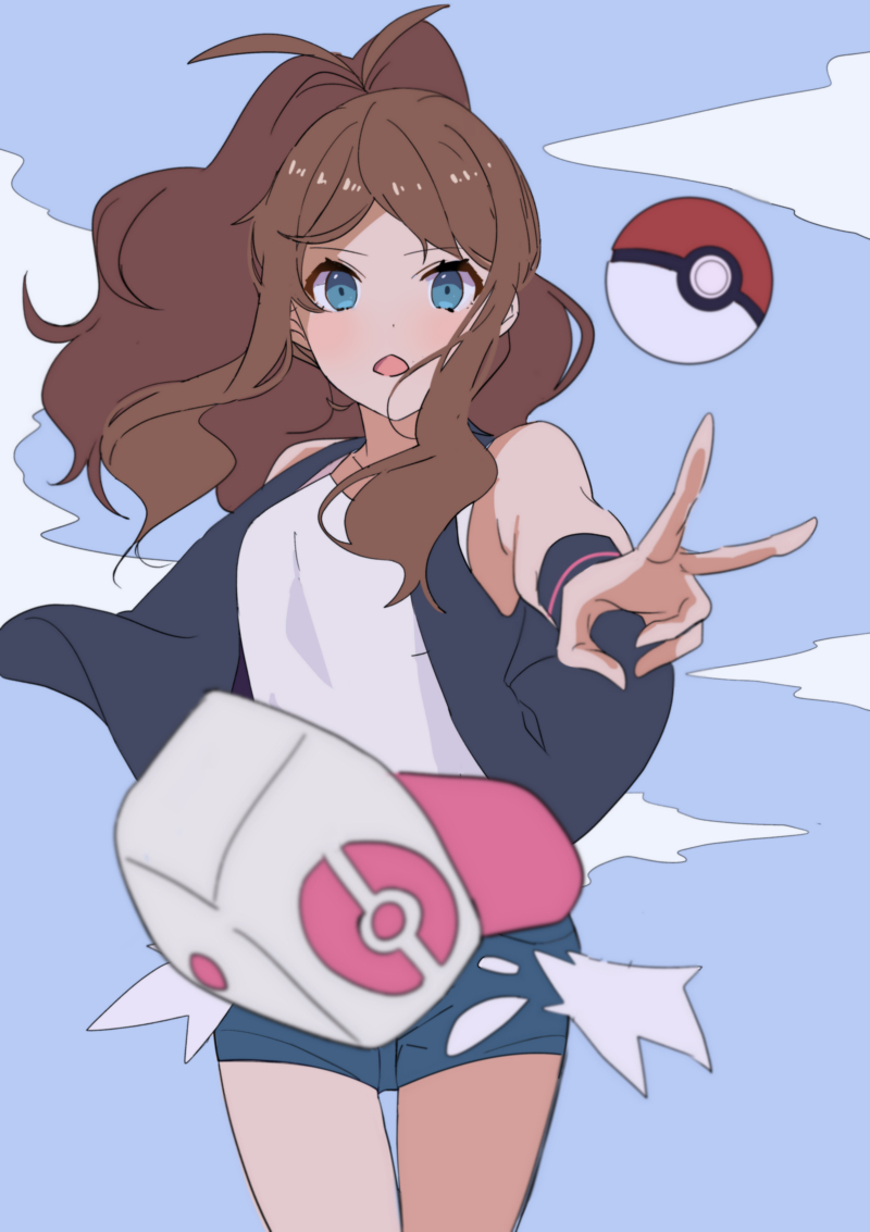 1girl, baseball_cap, black_vest, blue_eyes, blue_sky, brown_hair, curly_hair, cutoffs, denim, denim_shorts, exposed_pocket, hat, hat_removed, headwear_removed, high_ponytail, hilda_(pokemon), long_hair, looking_at_viewer, open_mouth, poke_ball, pokemon, pokemon_(game), pokemon_bw, shirt, short_shorts, shorts, sidelocks, sky, sleeveless, sleeveless_shirt, solo, tank_top, throwing_hat, throwing_poke_ball, upper_body, vest, white_shirt, wristband, yamimiya