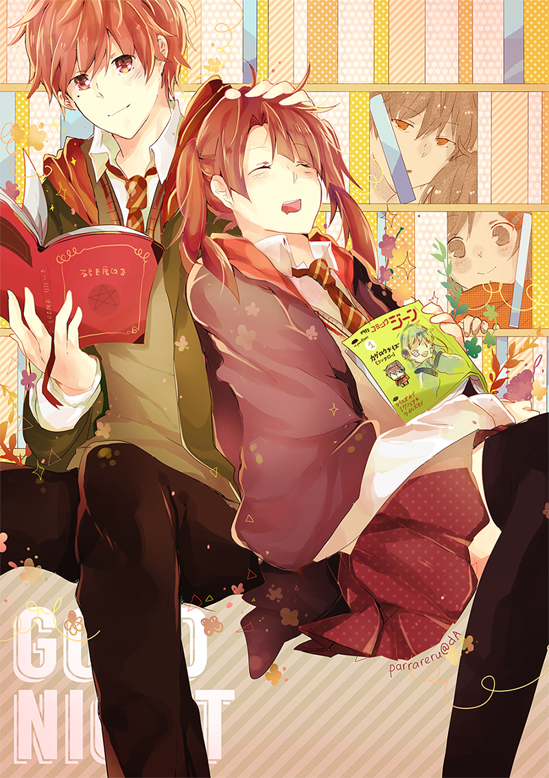 2boys, 2girls, artist_name, black_pants, black_socks, blazer, blush, book, bookmark, bookshelf, brown_eyes, brown_skirt, deviantart_username, diagonal_stripes, english_text, enomoto_takane, green_jacket, green_sweater_vest, green_vest, hair_ornament, hairpin, hand_on_another's_head, harry_potter_(series), headpat, hogwarts_school_uniform, holding, holding_book, jacket, kagerou_project, kisaragi_shintarou, kokonose_haruka, leaning_on_person, multiple_boys, multiple_girls, multiple_hairpins, necktie, open_book, open_mouth, over-kneehighs, pants, parrareru, peeking, pleated_skirt, polka_dot, polka_dot_background, reading, red_eyes, red_necktie, red_scarf, scarf, school_uniform, short_hair, short_twintails, sitting, skirt, sleepy, smile, socks, string, striped, striped_background, striped_necktie, sweater_vest, tateyama_ayano, thigh-highs, twintails, vest