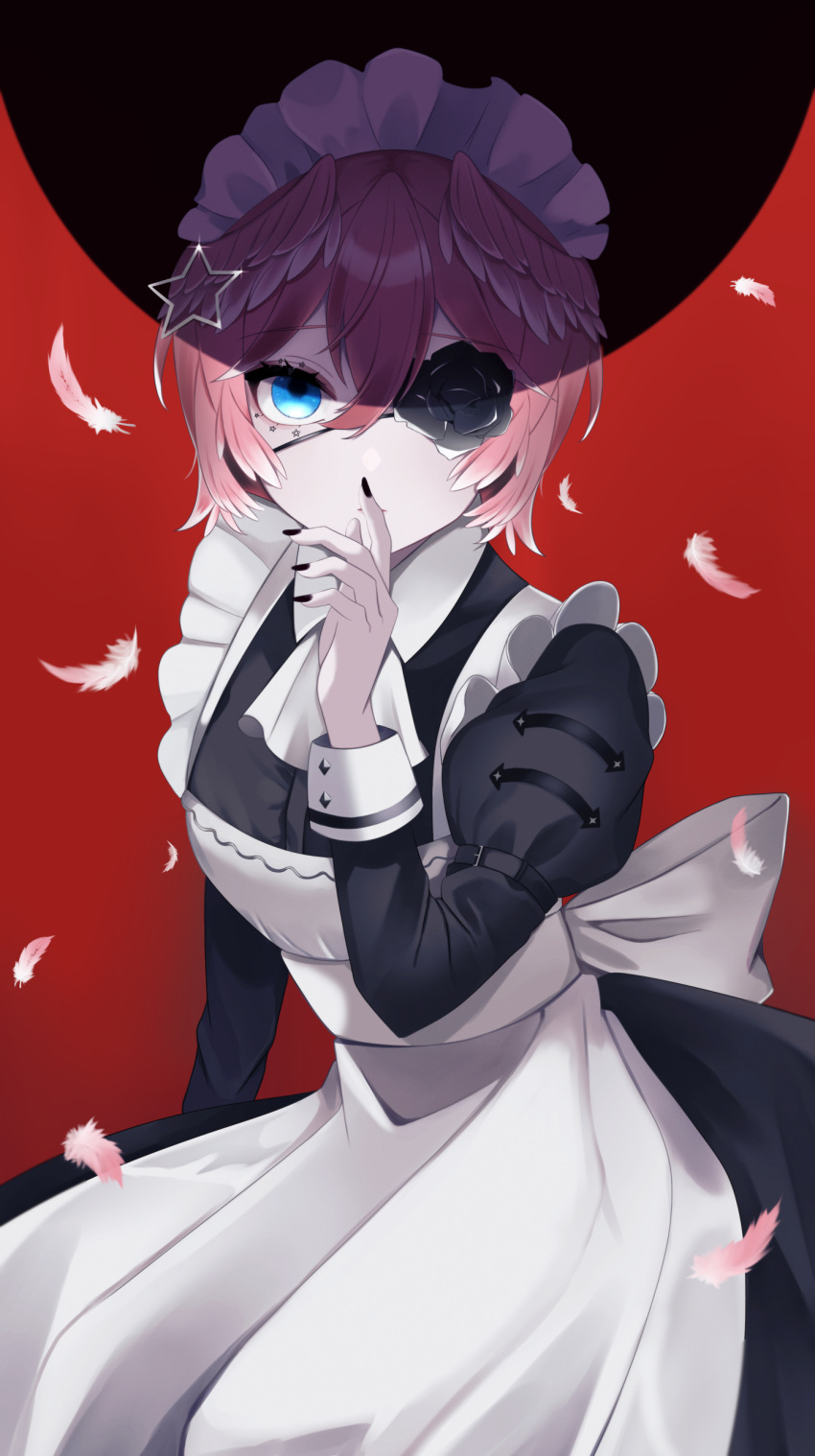 1girl, absurdres, alternate_costume, apron, black_dress, black_flower, black_nails, black_rose