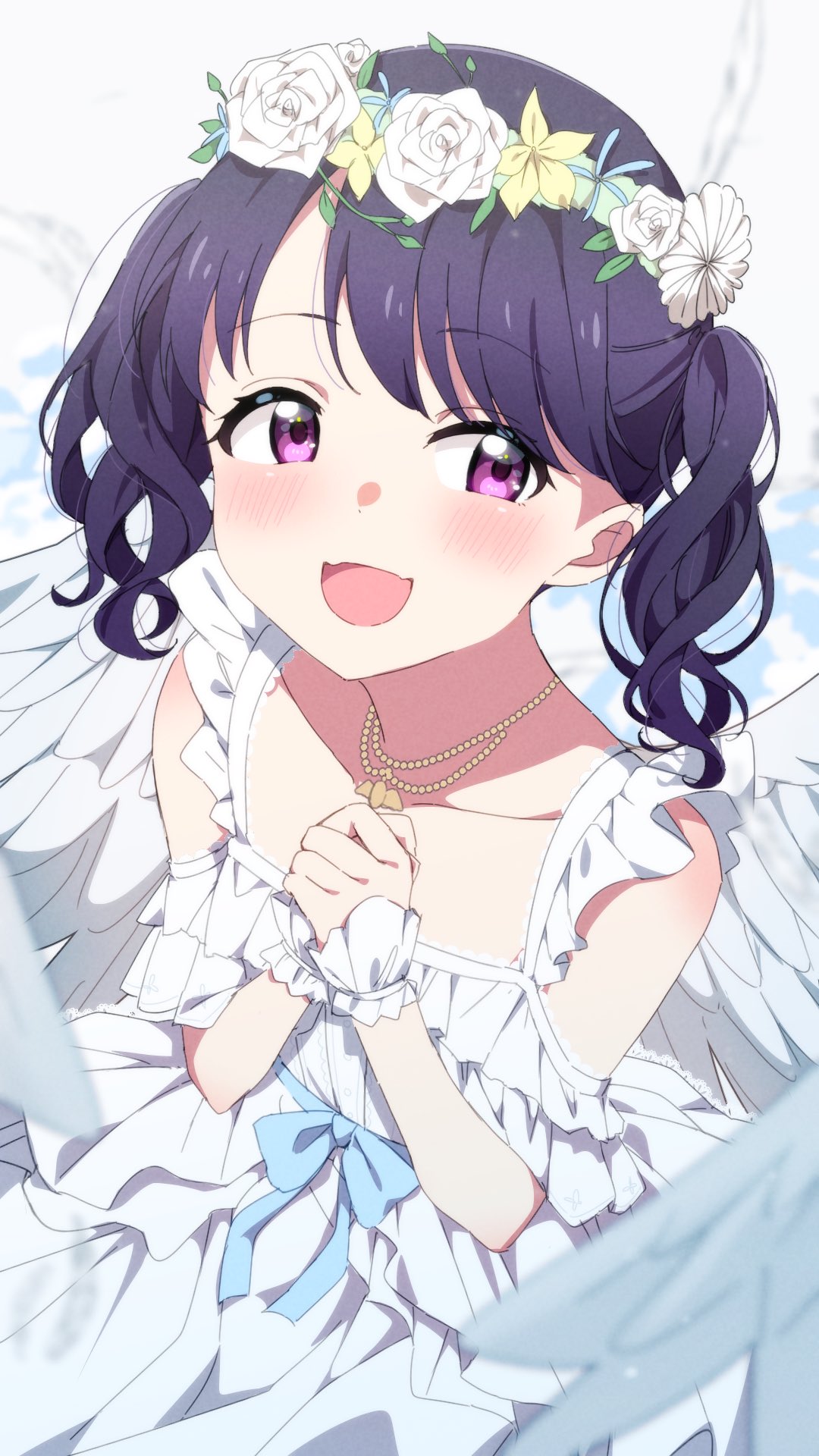 1girl, angel_wings, bangs, black_hair, blush, commentary_request, dress, fangs