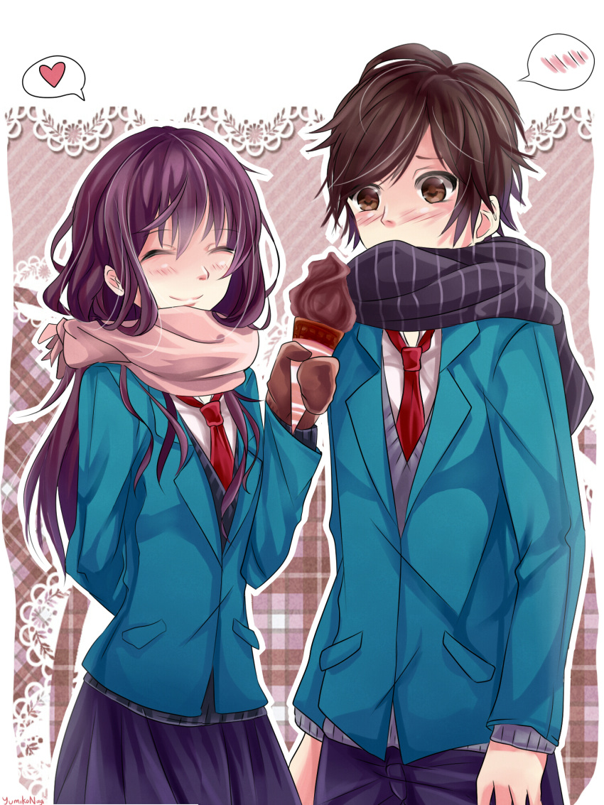 1boy, 1girl, ^_^, bangs, black_hair, blazer, blue_jacket, blue_pants