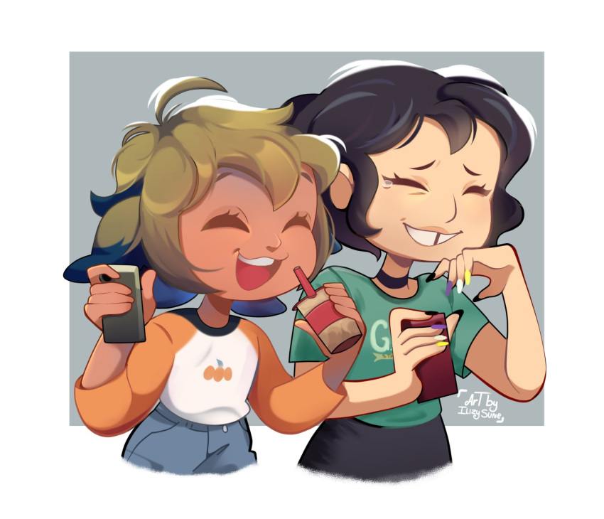 1girl, 1other, artist_name, black_hair, closed_eyes, cup, green_shirt, grey_background