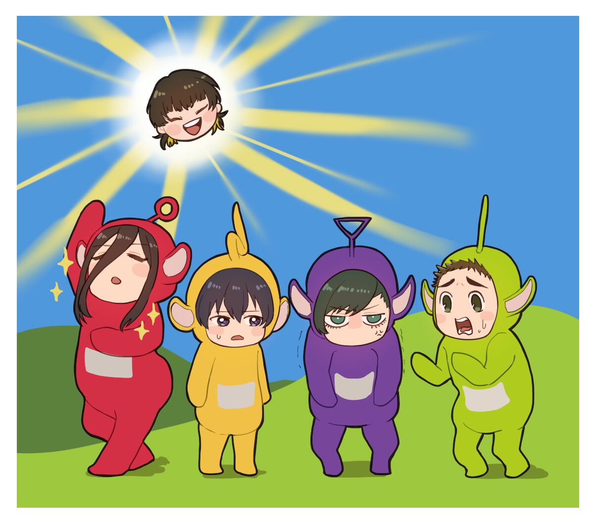 5boys, ancorocoro1234, anger_vein, arm_up, bachira_meguru, bangs, black_hair, blue_lock, border, brown_hair, closed_eyes, closed_mouth, commentary_request, cosplay, day, dipsy, dipsy_(cosplay), full_body, green_eyes, hill, isagi_yoichi, laa-laa, laa-laa_(cosplay), long_hair, looking_at_another, male_focus, multiple_boys, open_mouth, outdoors, po_(teletubby), po_(teletubby)_(cosplay), short_hair, smile, sparkle, standing, sun, teletubbies, tinky_winky, tinky_winky_(cosplay), white_border