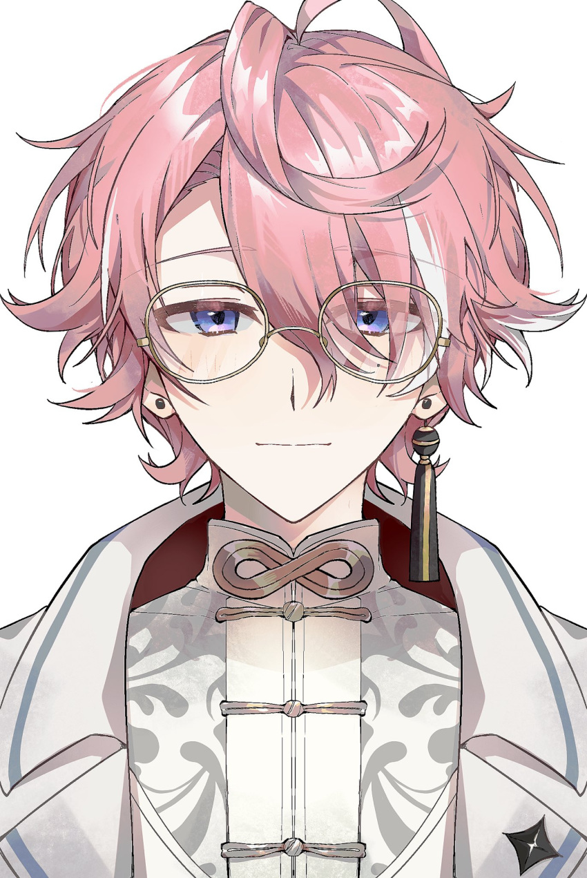 1boy, bishounen, earrings, glasses, highres, jacket, jewelry, looking_at_viewer, makayla0412, male_focus, minase_(neo-porte), mole, mole_under_eye, pink_hair, single_earring, smile, tassel, tassel_earrings, upper_body, violet_eyes, virtual_youtuber