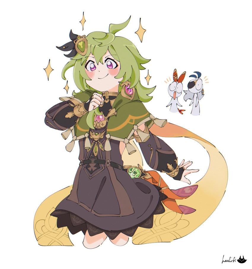 1boy, 2girls, amber_(genshin_impact), black_dress, blush, capelet, clenched_hand, collei_(genshin_impact)