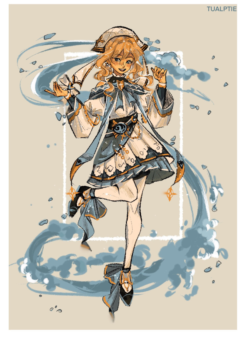 1girl, alternate_costume, artist_name, barbara_(genshin_impact), black_footwear, blonde_hair, blue_eyes, blush, brown_background, clenched_hand, dress, english_commentary, full_body, genshin_impact, hair_between_eyes, halter_shirt, halterneck, highres, looking_to_the_side, medium_hair, off-shoulder_dress, off_shoulder, open_mouth, pantyhose, shoes, solo, tualptie, vision_(genshin_impact), water, white_dress, white_headwear, white_pantyhose