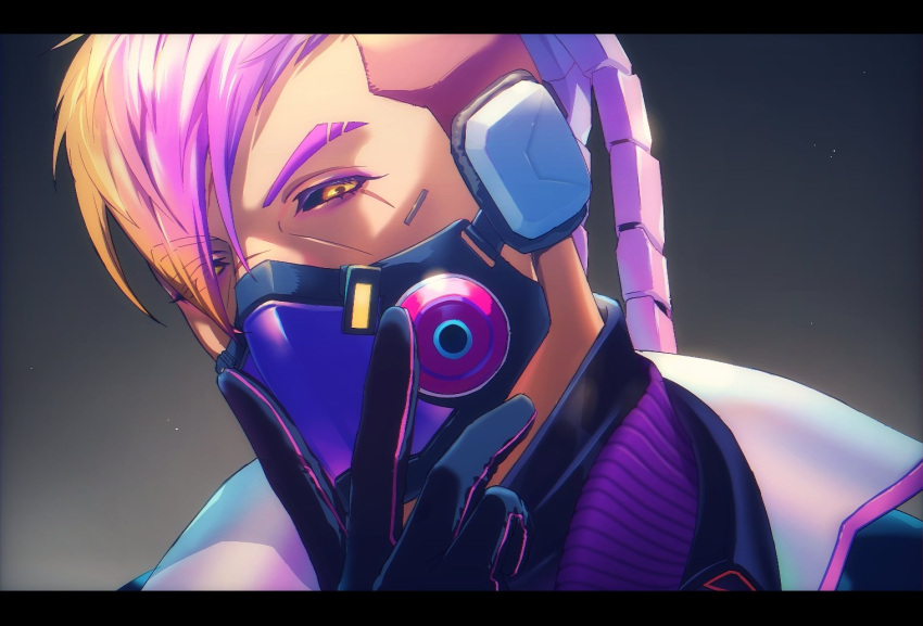 1boy, animification, apex_legends, apex_legends_mobile, black_gloves, black_jacket, black_sclera, blonde_hair, colored_sclera, eyeshadow, fade_(apex_legends), fatal_headliner_fade, gloves, hair_over_one_eye, jacket, jbo, looking_at_viewer, makeup, male_focus, mask, mouth_mask, multicolored_hair, official_alternate_costume, orange_eyes, pink_hair, portrait, purple_eyeshadow, short_hair, solo, split-color_hair