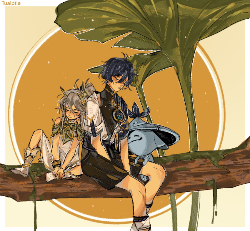 1boy, 1girl, ^_^, aranara_(genshin_impact), ararycan_(genshin_impact), black_shorts, blue_hair, boots