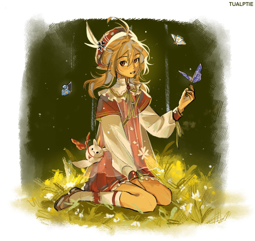 1girl, beret, blonde_hair, blush, brown_footwear, bug, butterfly, dodoco_(genshin_impact)
