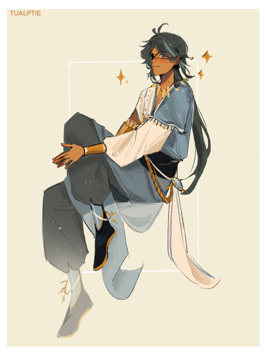 1boy, alternate_costume, arabian_clothes, artist_name, blue_eyes, blue_footwear, blue_hair, blue_sash