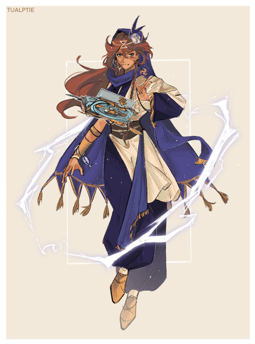 1girl, alternate_costume, arabian_clothes, artist_name, bangs, book, brown_background, brown_hair