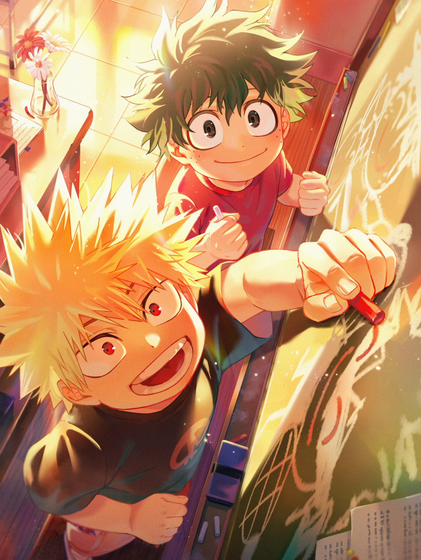 2boys, :d, ^_^, absurdres, aged_down, arm_up, backlighting, bakugou_katsuki