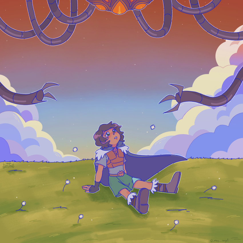 1girl, absurdres, amphibia, black_gloves, black_hair, blue_sky, boots, cape