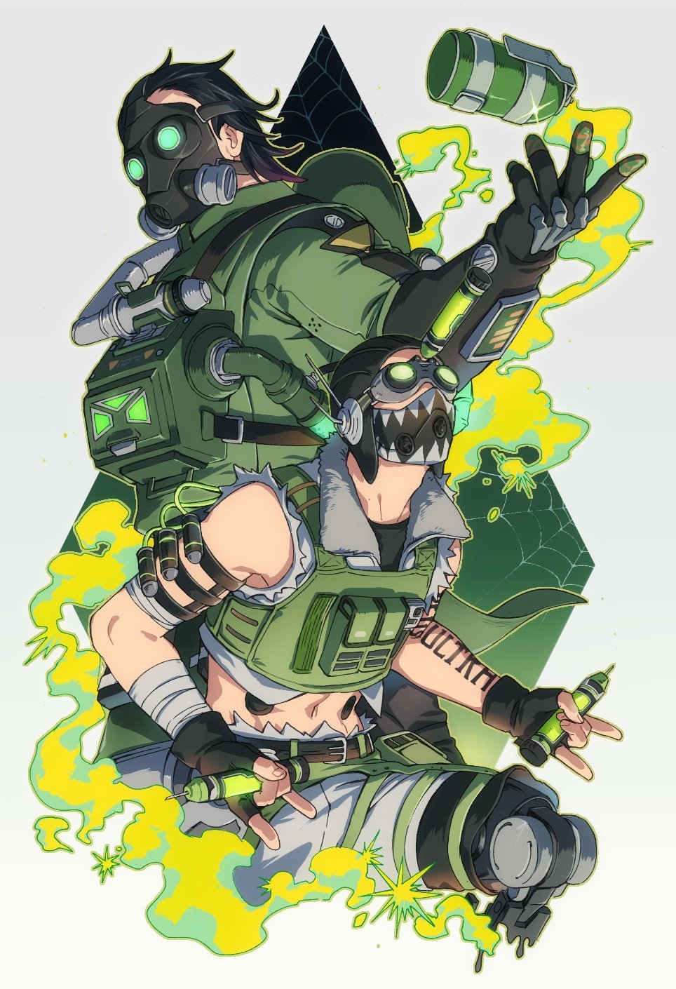 2boys, \n/, animification, apex_legends, apex_legends_mobile, black_headwear, cable, caustic_(apex_legends)