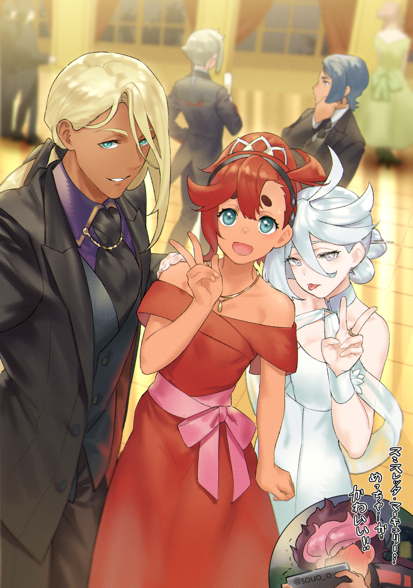 2girls, 6+boys, alternate_costume, asticassia_school_uniform, black_suit, blonde_hair, blue_hair, blush