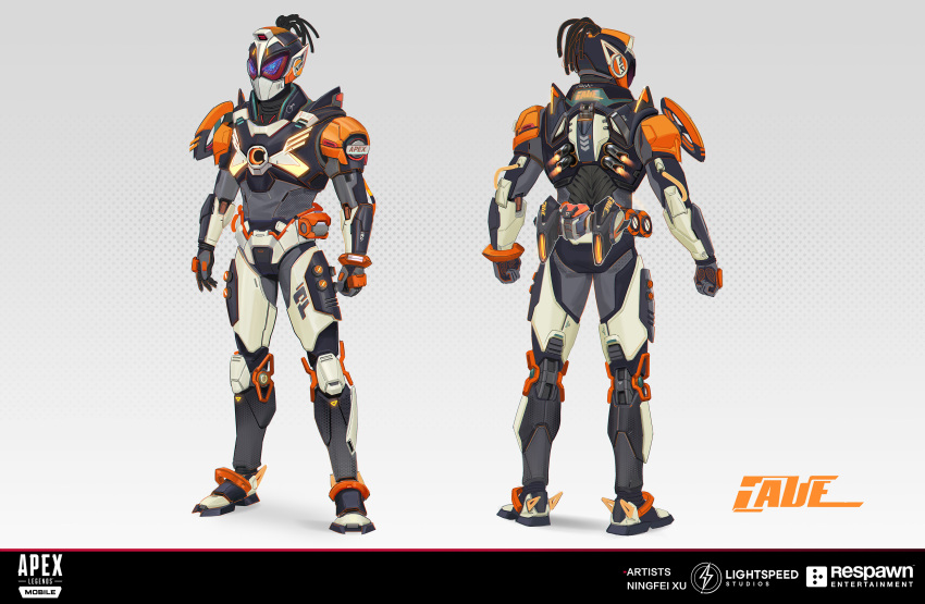 1boy, absurdres, apex_legends, apex_legends_mobile, artist_name, blue_eyes, character_name, chinese_commentary, clenched_hands, fade_(apex_legends), full_body, gloves, grey_gloves, helmet, highres, logo, male_focus, mixed-language_commentary, multiple_views, ningfei_xu, official_art, open_hand, power_armor, reference_sheet, respawn_entertainment, shadow_smoke_fade, standing