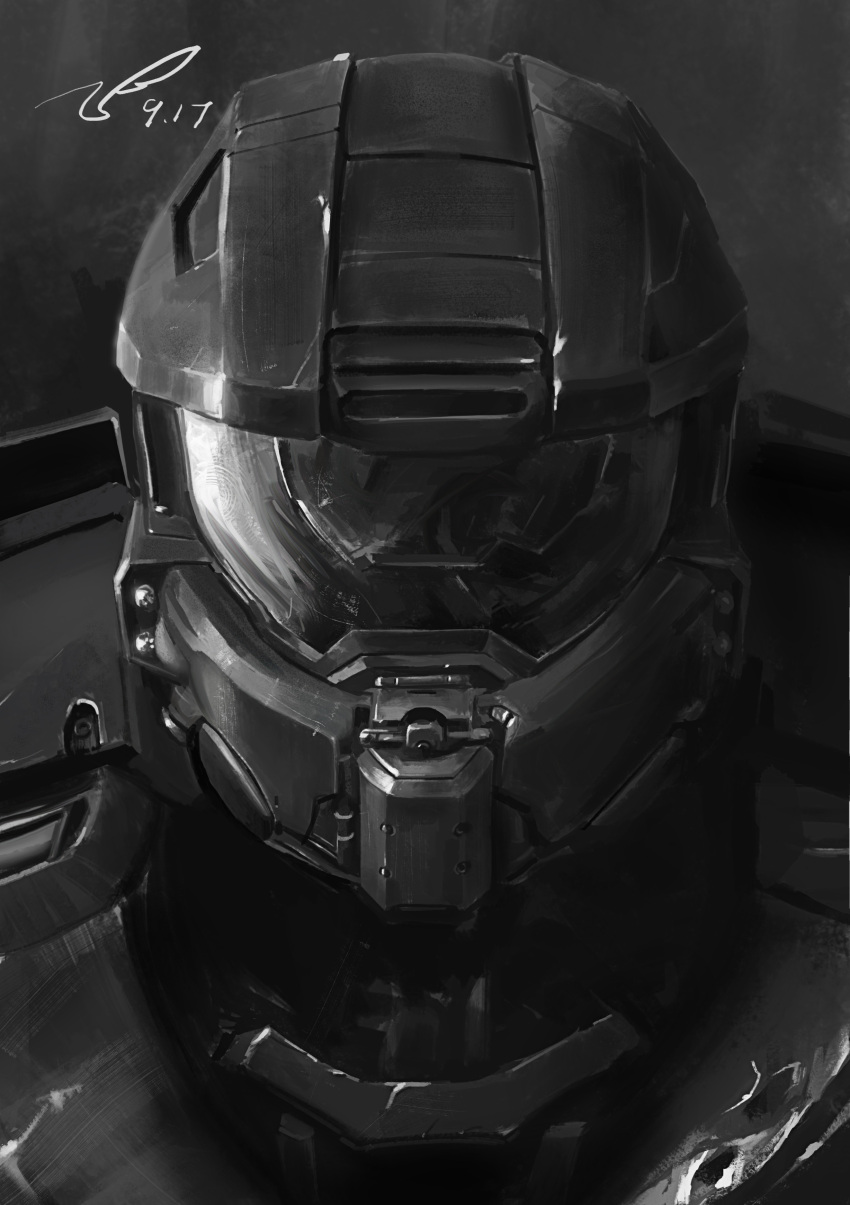 1boy, absurdres, assault_visor, chinese_commentary, dated, greyscale, halo_(series), halo_4