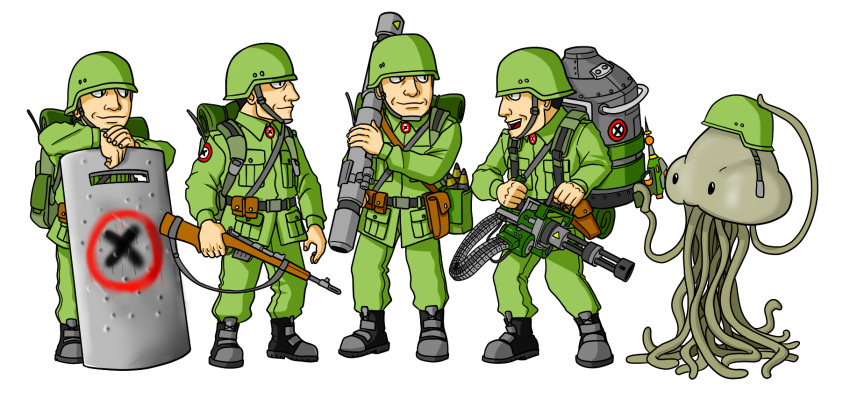 1other, 4boys, adjusting_clothes, adjusting_headwear, alien, ammunition, ammunition_belt, ammunition_pouch