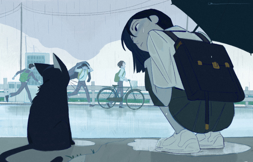 1girl, 3boys, animal, bicycle, black_bag, black_cat, black_hair, black_skirt