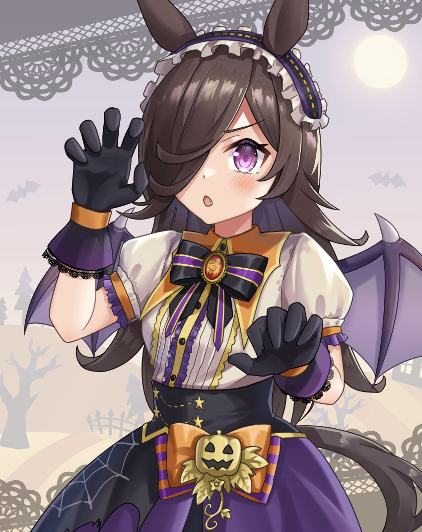 1girl, absurdres, alternate_costume, animal_ears, black_hair, commentary_request, fang, gloves