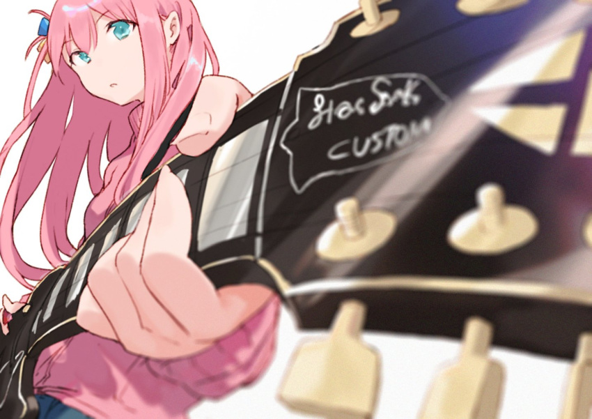 1girl, :o, aqua_eyes, bocchi_the_rock!, electric_guitar, fifuth, foreshortening, gotou_hitori