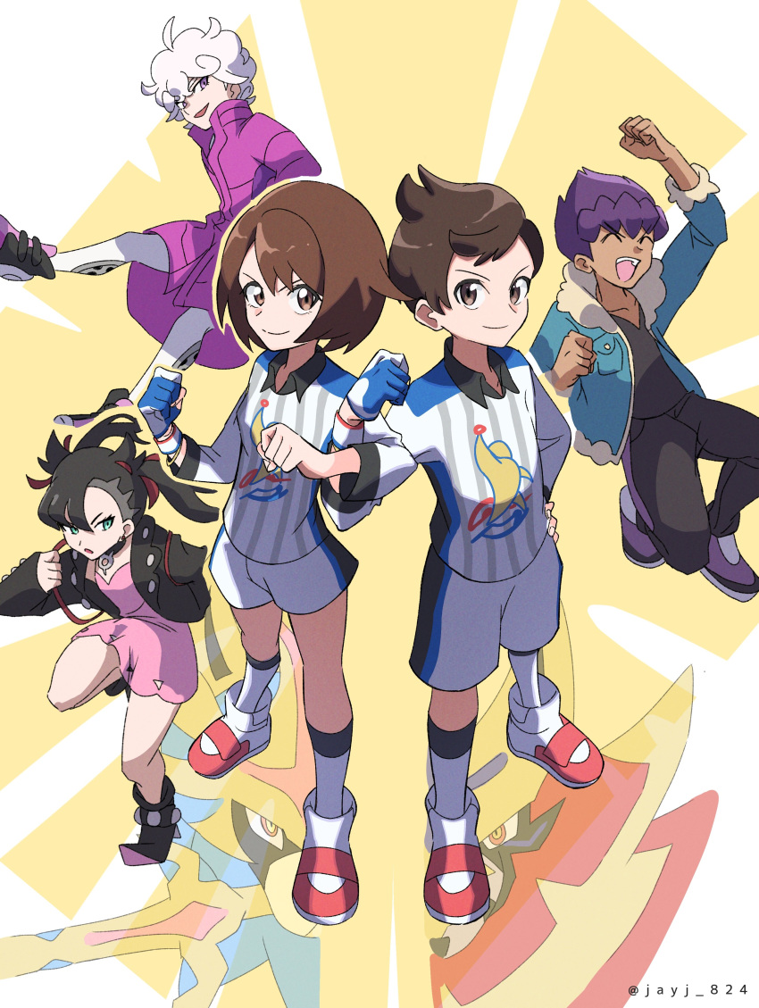 2girls, 3boys, :d, ^_^, absurdres, ankle_boots, bede_(pokemon), black_footwear