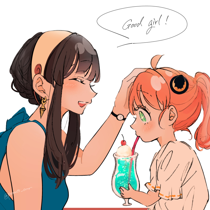 2girls, absurdres, ahoge, alternate_hairstyle, anya_(spy_x_family), bangs, black_hair, blush, child, closed_eyes, drinking_straw, earrings, english_text, female_child, food, green_eyes, hairpods, headpat, highres, ice_cream, ice_cream_float, jewelry, long_hair, mother_and_daughter, multiple_girls, parted_lips, peanuts_omr, pink_hair, ponytail, sidelocks, sleeveless, smile, sparkling_eyes, spy_x_family, watch, watch, yor_briar