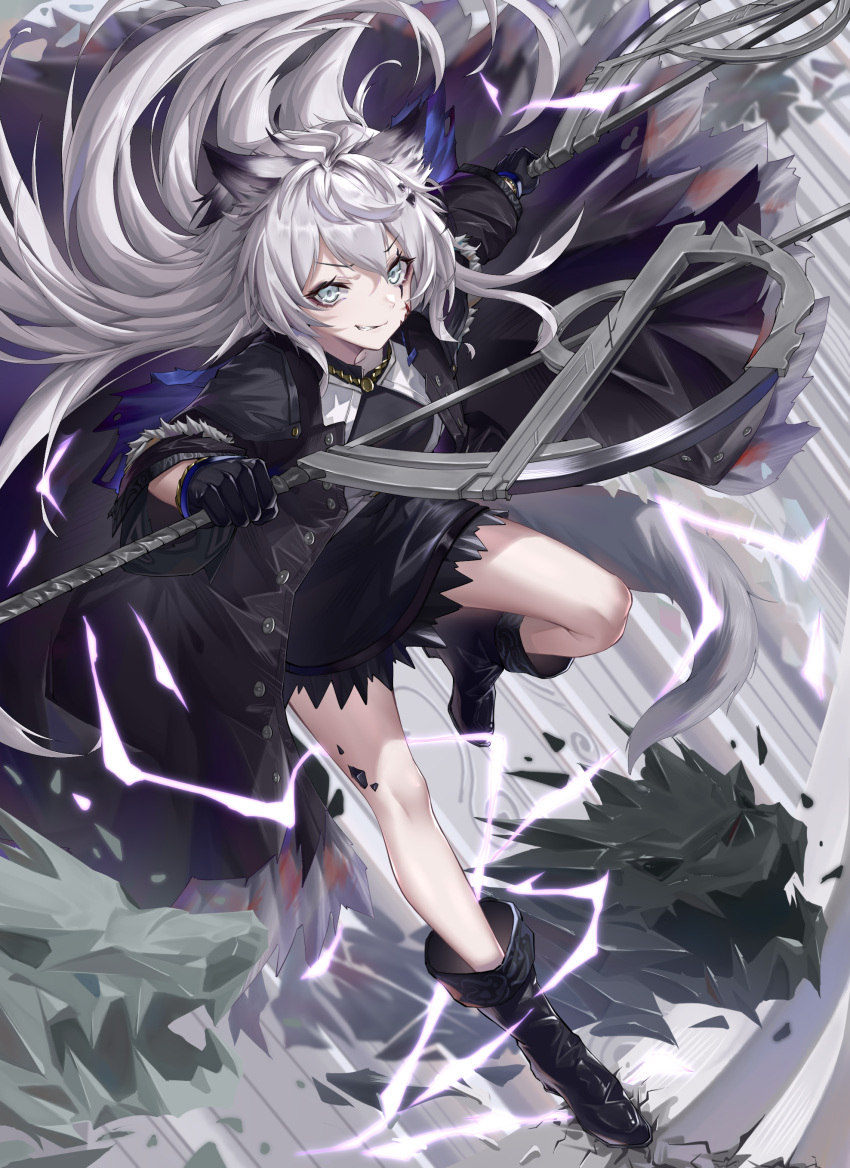 1girl, absurdres, animal_ears, aqua_eyes, arknights, bangs, black_coat, black_dress