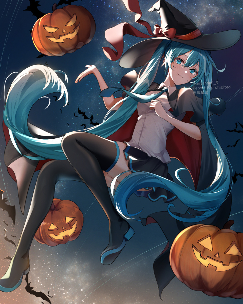 1girl, aqua_hair, bat_(animal), black_cape, black_skirt, black_thighhighs, blue_eyes, blue_hair