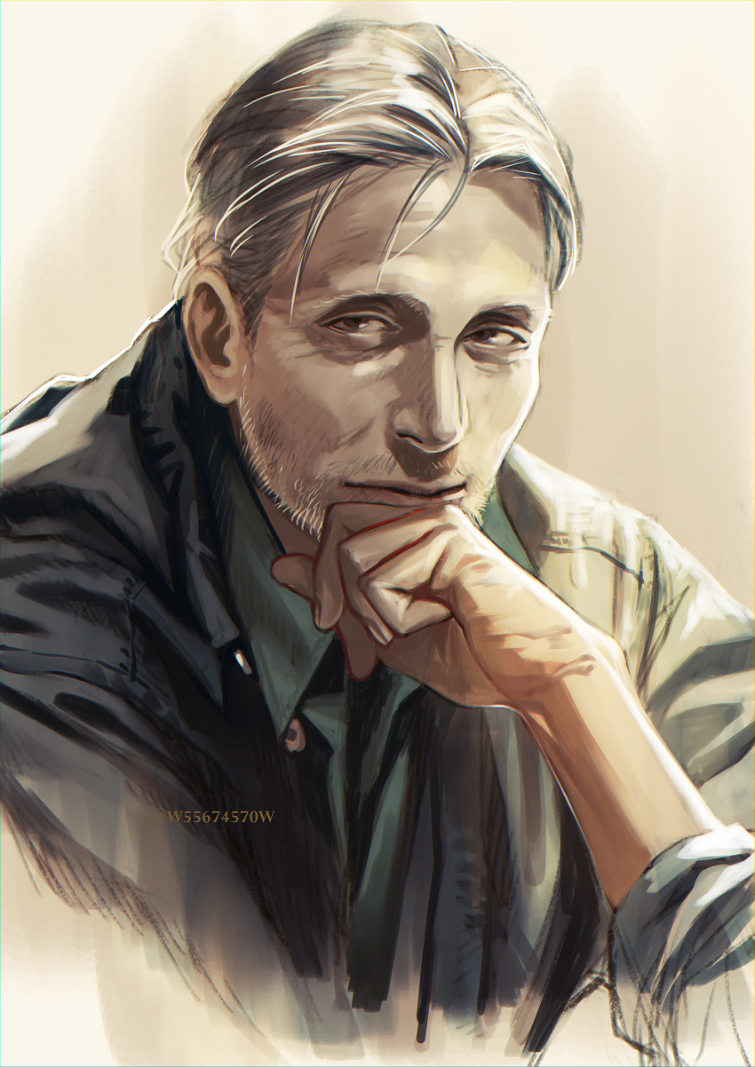 1boy, artist_name, black_eyes, black_jacket, brown_background, closed_mouth, collared_shirt, facial_hair