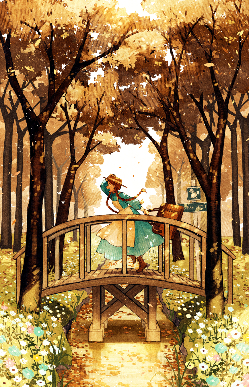 1girl, ankle_boots, anne_of_green_gables, apron, autumn, autumn_leaves, bag, blue_dress