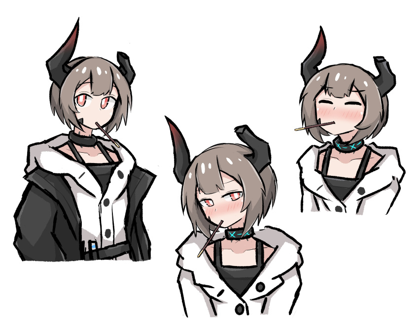 1girl, absurdres, arknights, asymmetrical_horns, bangs, blush, brown_hair, closed_eyes