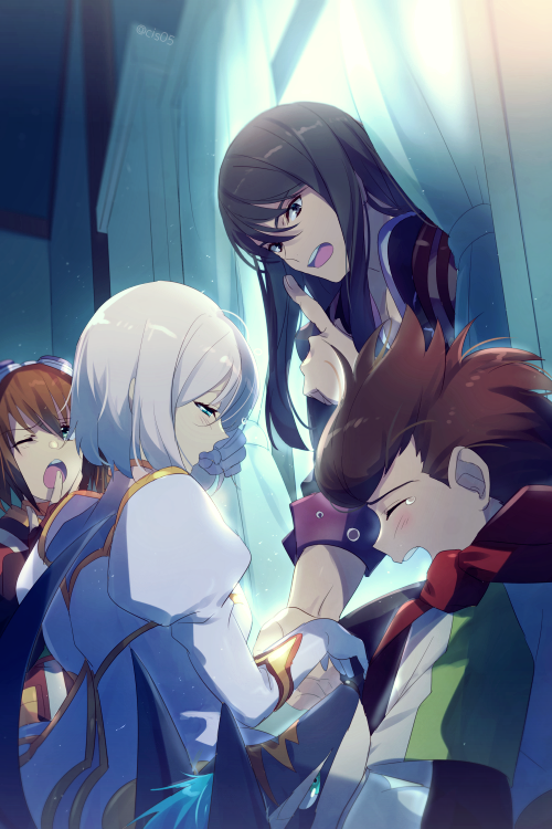 2girls, black_hair, blue_eyes, brown_hair, dog, echo_(circa), estellise_sidos_heurassein, gloves