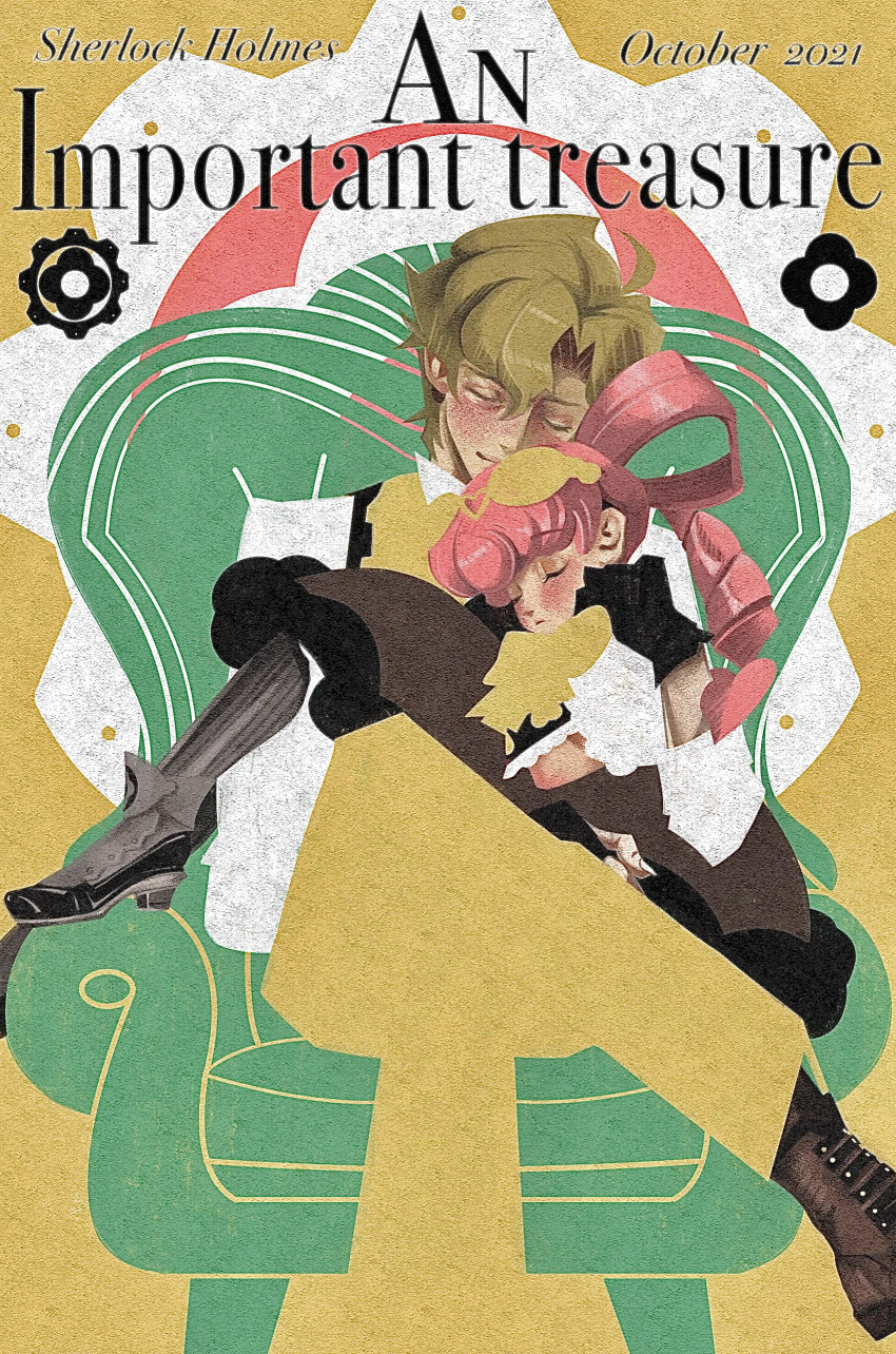 1boy, 1girl, absurdres, ace_attorney, armchair, bangs, blonde_hair, chair