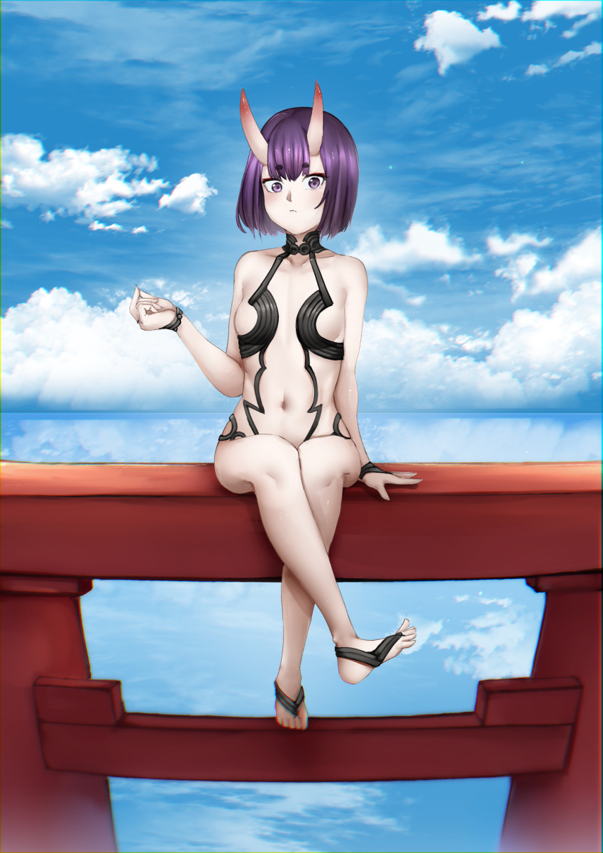 1girl, blue_sky, fate/grand_order, fate_(series), highres, looking_at_viewer, oni, purple_hair