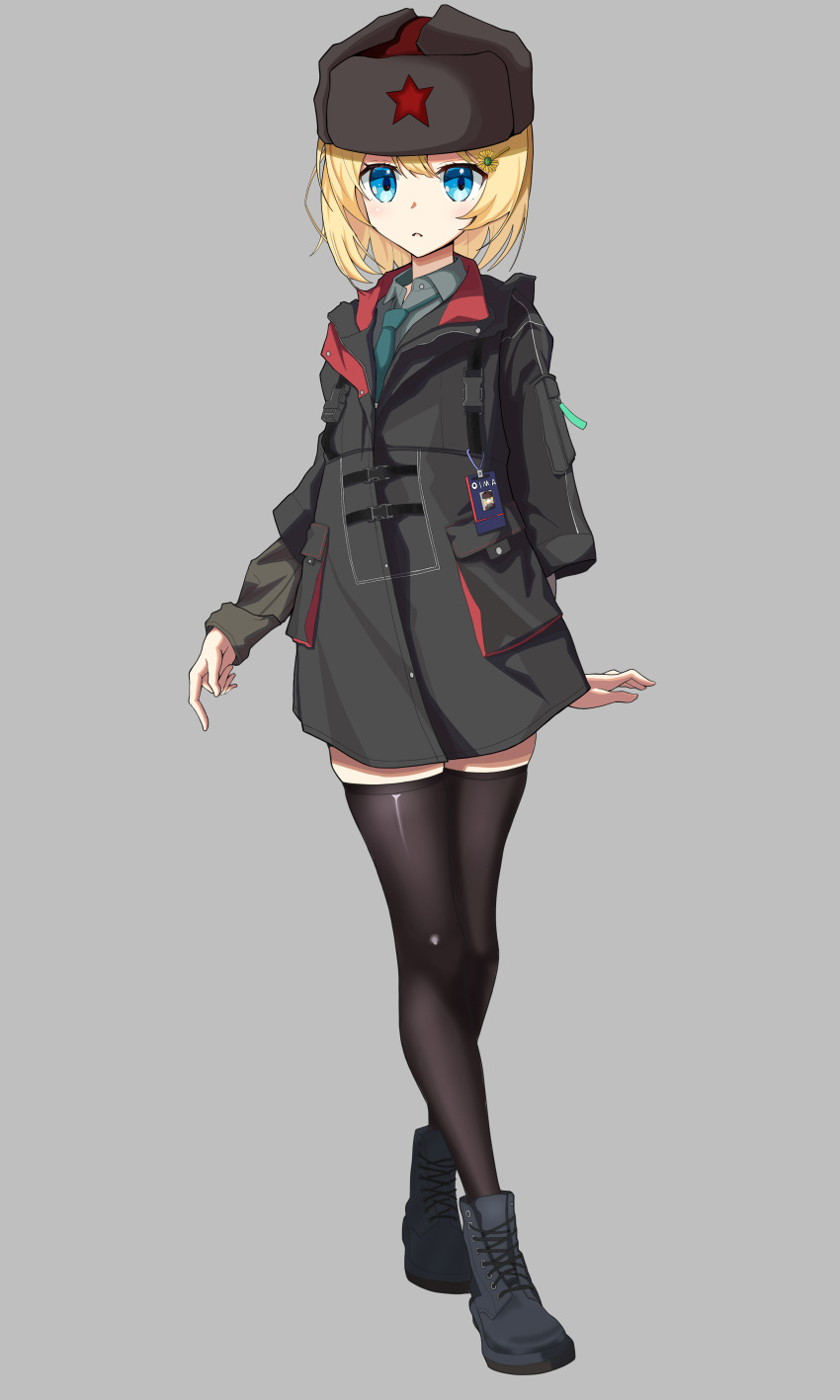 1girl, absurdres, black_thighhighs, blonde_hair, blue_eyes, boots, flower, fur_hat, green_necktie, grey_background, grey_footwear, grey_headwear, grey_jacket, grey_shirt, hair_flower, hair_ornament, hairpin, hat, highres, jacket, juzi_wei_qishui, long_sleeves, looking_at_viewer, multicolored_clothes, multicolored_jacket, necktie, original, parka, parted_lips, red_star, shirt, simple_background, solo, star_(symbol), thigh-highs, two-tone_jacket, uniform, ushanka, yellow_flower