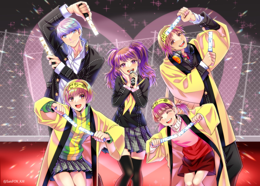 2boys, 3girls, :d, artist_name, badge, black_skirt, black_thighhighs, brown_hair