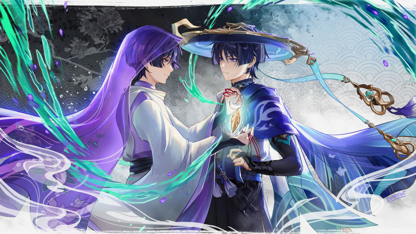 2boys, arm_armor, arms_up, bangs, belt, black_belt, black_bow, black_shirt, black_shorts, blue_background, blue_gemstone, blue_headwear, blue_vest, blunt_ends, border, bow, closed_mouth, detached_sleeves, dual_persona, floral_print, flower, gem, genshin_impact, gold, gradient, gradient_background, grey_background, grey_pants, grey_vest, hair_between_eyes, hands_up, hat, highres, jewelry, jingasa, kuronushi_(genshin_impact), leaf, leaf_print, long_sleeves, looking_at_another, magic, male_focus, mandarin_collar, multicolored_background, multiple_boys, necklace, official_alternate_costume, open_clothes, open_vest, outside_border, pants, pom_pom_(clothes), purple_background, purple_bow, purple_flower, purple_hair, purple_shirt, roninewt, scaramouche_(genshin_impact), shirt, short_hair, short_sleeves, shorts, smile, standing, two-tone_vest, veil, vest, violet_eyes, wanderer_(genshin_impact), waves, white_border, wide_sleeves