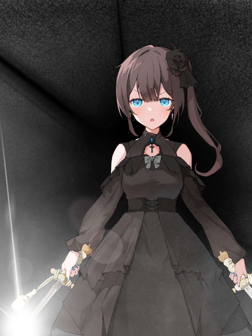 1girl, absurdres, black_dress, black_flower, black_rose, blue_eyes, breasts, brown_hair