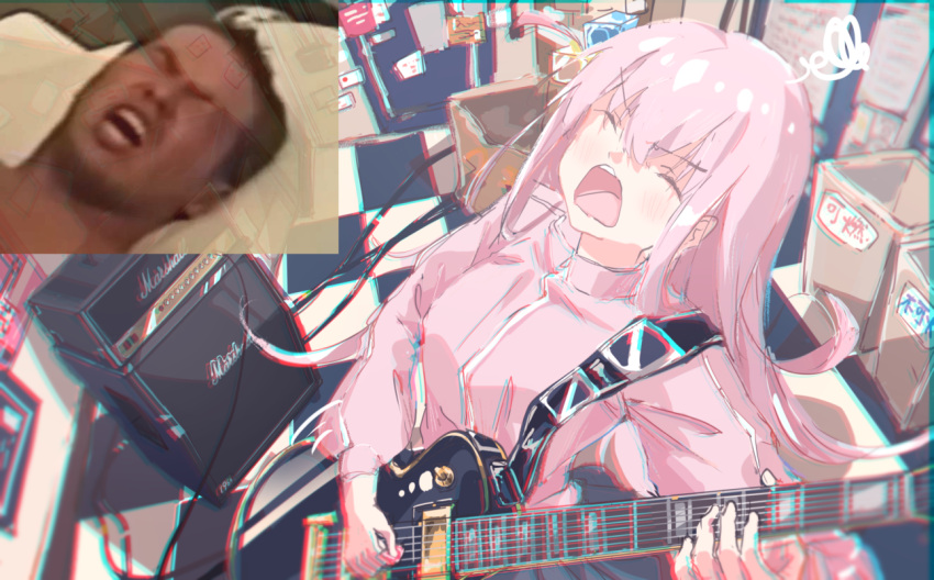 1boy, 1girl, amplifier, bangs, blush, bocchi_the_rock!, box, breasts