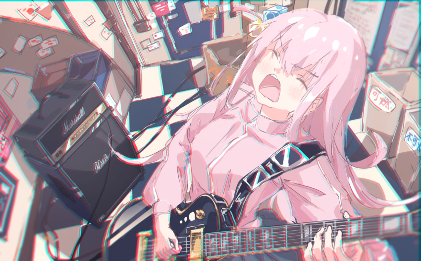 1girl, amplifier, bangs, blush, bocchi_the_rock!, box, breasts, c4_art, checkered_floor, chromatic_aberration, closed_eyes, commentary_request, electric_guitar, gotou_hitori, guitar, hair_between_eyes, highres, holding, holding_instrument, indoors, instrument, jacket, long_hair, medium_breasts, music, one_side_up, open_mouth, pink_hair, pink_jacket, playing_instrument, solo, track_jacket, upper_body