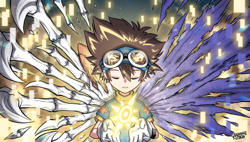 1boy, akamine_naoki, bangs, blue_shirt, brown_hair, closed_eyes, digimon, digimon_adventure