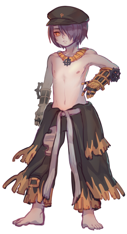1boy, alternate_color, bangs, barefoot, belt, black_gloves, black_headwear, black_pants