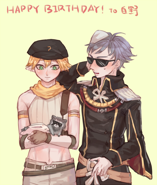 alternate_color, animal, bangs, belt, black_coat, black_headwear, black_pants, blonde_hair